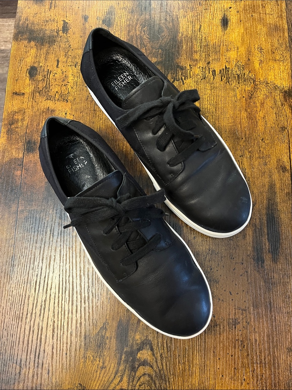 Eileen Fisher koi Black Leather with mesh overlay sneakers